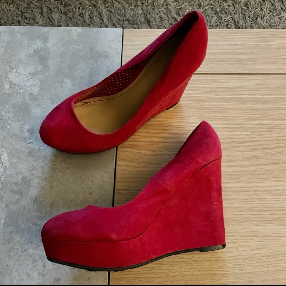 Red Suede Platform Wedge Heels